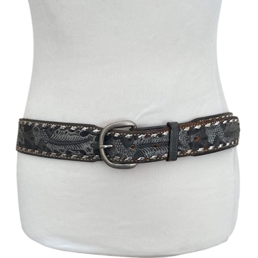 Wright Western Tooled Leather Belt | Engraved Floral Brown Western Belt
